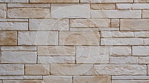 Textured tan brick wall patterned in neat rows. AI image