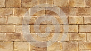 Textured tan brick wall patterned in neat rows. AI image