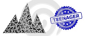 Textured Teenager Seal Stamp and Recursion Mountains Icon Composition