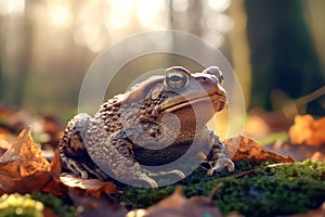 Common Toad on Mossy Forest Floor in Golden Light
