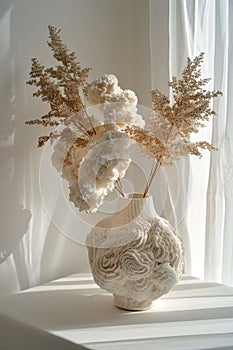 Textured Vase with Dried Flowers in Sunlight