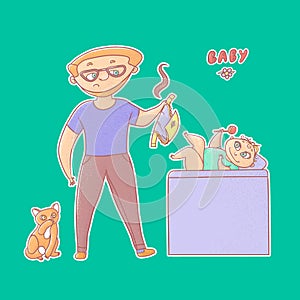 Textured vector funny illustration sticker. Inexperienced dad with glasses and a beard took a stinky diaper from baby and tomcat l