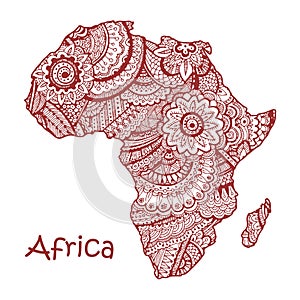 Textured vector map of Africa. Hand drawn ethno pattern, tribal background.