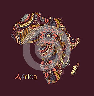 Textured vector map of Africa. Hand drawn ethno pattern, tribal background.