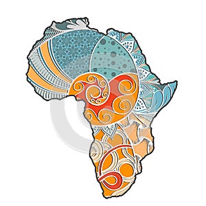 Textured vector map of Africa. Hand-drawn ethno pattern, tribal background. Vector illustration. Abstract colored Background