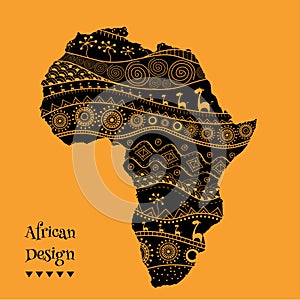 Textured vector map of Africa. Hand-drawn ethno pattern, tribal background. Vector illustration. Abstract colored Background