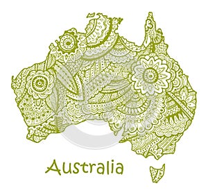 Textured vector map of Australia. Hand drawn ethno pattern, tribal background.