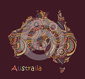 Textured vector map of Australia. Hand drawn ethno pattern, tribal background.