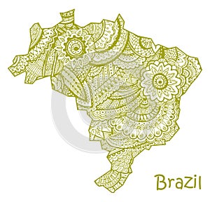 Textured vector map of Brazil. Hand drawn ethno pattern, tribal background.