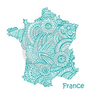 Textured vector map of France. Hand drawn ethno pattern, tribal background.