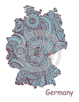 Textured vector map of Germany. Hand drawn ethno pattern, tribal background.