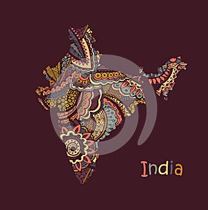 Textured vector map of India. Hand drawn ethno pattern, tribal background.