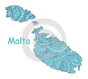 Textured vector map of Malta. Hand drawn ethno pattern, tribal background.