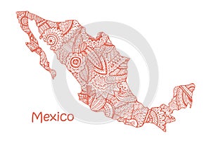 Textured vector map of Mexico. Hand drawn ethno pattern, tribal background.