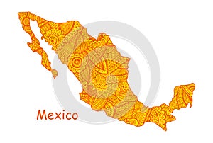 Textured vector map of Mexico. Hand drawn ethno pattern, tribal background.