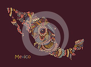 Textured vector map of Mexico. Hand drawn ethno pattern, tribal background.