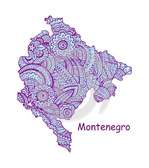 Textured vector map of Montenegro Hand drawn ethno pattern, tribal background.
