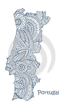 Textured vector map of Portugal. Hand drawn ethno pattern, tribal background