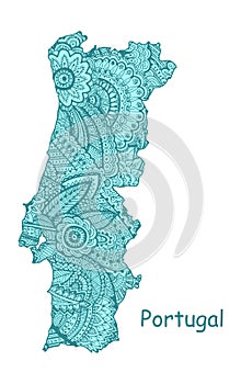 Textured vector map of Portugal. Hand drawn ethno pattern, tribal background.