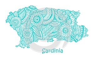 Textured vector map of Sardinia. Hand drawn ethno pattern, tribal background.