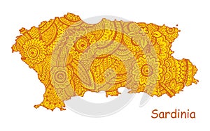 Textured vector map of Sardinia. Hand drawn ethno pattern, tribal background.