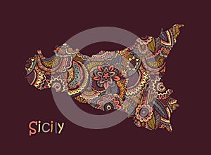 Textured vector map of Sicily. Hand drawn ethno pattern
