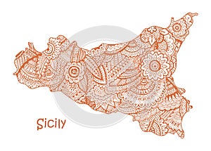 Textured vector map of Sicily. Hand drawn ethno pattern, tribal background.