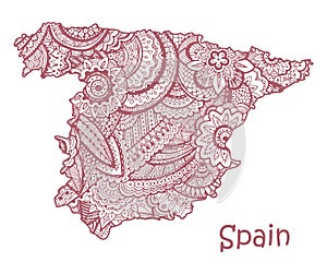 Textured vector map of Spain. Hand drawn ethno pattern, tribal background.