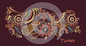 Textured vector map of Turkey. Hand drawn ethno pattern