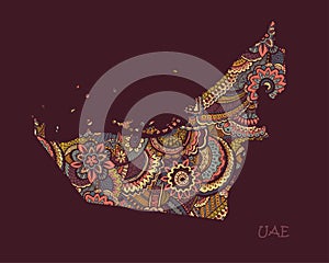 Textured vector map of UAE. Hand drawn ethno pattern