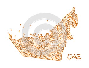 Textured vector map of UAE. Hand drawn ethno pattern, tribal background.