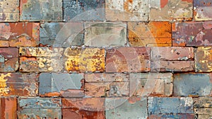 A textured wall made from recycled bricks showing the natural imperfections and variations in color that add character