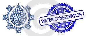 Textured Water Conservation Seal and Recursion Water Gear Service Icon Collage