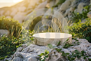 Textured White stone podium, rock stand among green foliage and sun rays.