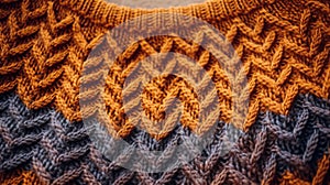 Textured woolen sweater with gray and orange pattern