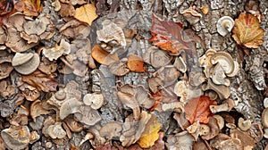 A texturerich collage featuring a mixture of mushroom caps bark and other natural elements.