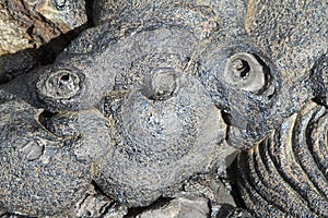 Textures of black lava (pahoehoe) in Santiago island