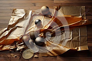 Textures Unleashed: Abstract Collage of Metallic, Paper, Fabric, and Leaves on Mahogany Table photo