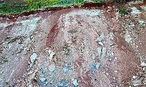 Textures of various clay layers underground in  clay quarry after  geological study of  soil. colored layers of clay and stone in
