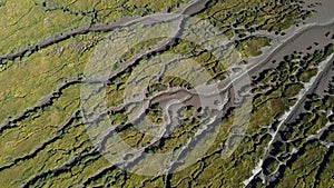 textures and veins cutting thru the wetlands of a tidal river system in Tasmanias Swan river area, Australia