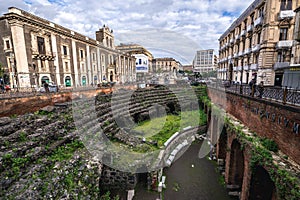 Tezzano Palace and remains of Roman Amphitheater on Stesicoro Square in Catania photo