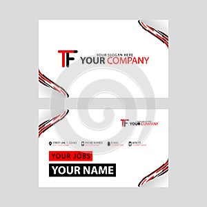 The TF logo on the red black business card with a modern design is horizontal and clean. and transparent decoration on the edges.