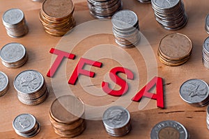 `TFSA` Tax Free Savings Account signs with coins in the background