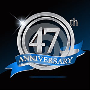 47th anniversary logo with blue ribbon and silver ring, vector template for birthday celebration