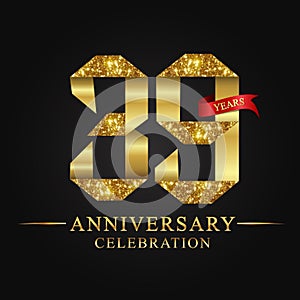 39th anniversary years celebration logotype. Logo ribbon gold number and red ribbon on black background.