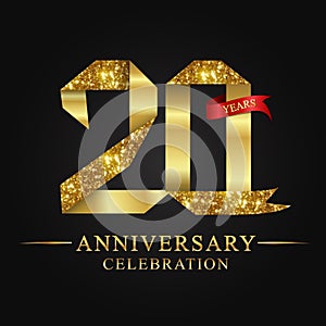 20th anniversary years celebration logotype. Logo ribbon gold number and red ribbon on black background. photo