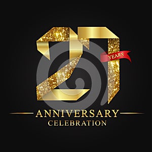 27th anniversary years celebration logotype. Logo ribbon gold number and red ribbon on black background. photo
