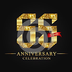55th anniversary years celebration logotype. Logo ribbon gold number and red ribbon on black background. photo