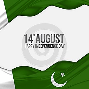 14th August Happy Independence Day Pakistan greeting design. Waving Pakistani flag made of satin or silk fabric.