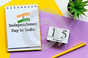 15th august - Independence Day in India. Fifteenth day month calendar concept on wooden blocks with copy space